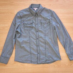 True Religion Gray Western Style Button Up Shirt, Long Sleeve, Size XL